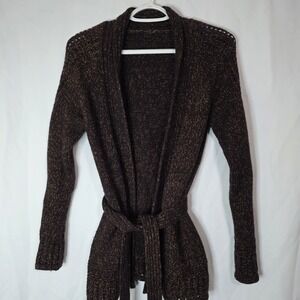 Angora Wool Blend Belted Knit Cardigan Brown Open Front Cozy Sweater